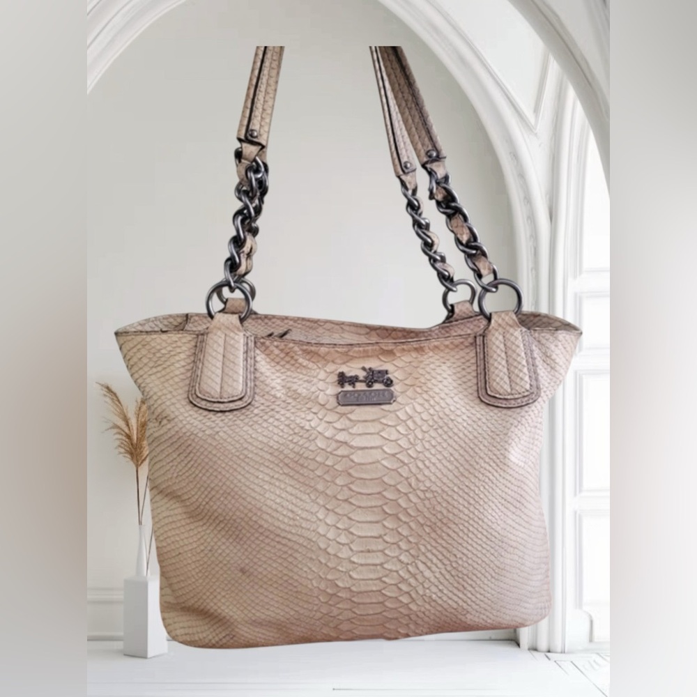 Coach 18771 Madison Python Leather Cream Bag with light blue interior.